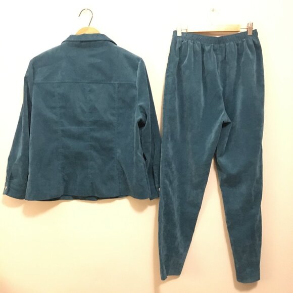 Vintage 90s Alia Embroidered Turquoise Corduroy Jacket and Pantsuit - Picture 3 of 16
